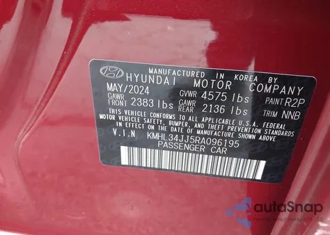 2024 Hyundai Sonata Hybrid Sel из США, поврежденный, VIN KMHL34JJ5RA096195